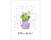 Glückwunschkarte „Alles Gute!“ Verspielte Postkarte für Blumenfreunde