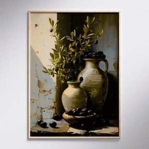 Impresión de naturaleza muerta con olivos: cerámica vintage, decoración de cocina rústica (descarga digital)