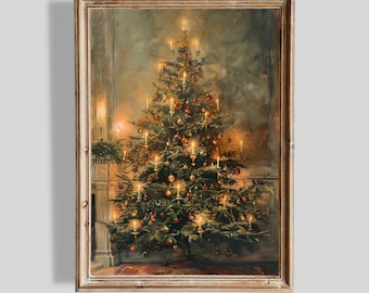 May include: A framed oil painting print depicting a large, lush Christmas tree adorned with glowing candles and round ornaments. The tree stands in a room with architectural wall paneling and a fireplace, rendered in warm, muted tones.