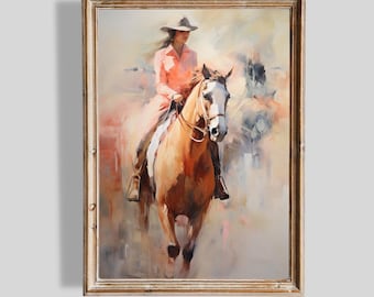 Lámina decorativa vintage de vaquera a caballo para imprimir / Pintura del Oeste (Descarga digital)