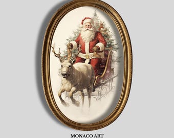 Vintage Santa Schlitten Rentier Kunstdruck (Digital Download)