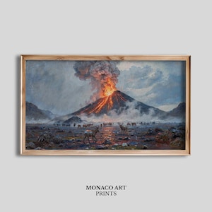 Erupting Volcano Landscape Painting, Dramatic Nature Wall Art (Digital Download)