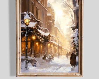Snowy Winter Street With Warm Lights Cozy Evening Art (Digital Download)