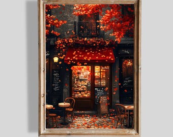 Paris Cafe Autumn Leaves Art Print: Rustic Vintage Decor (Digital Download)