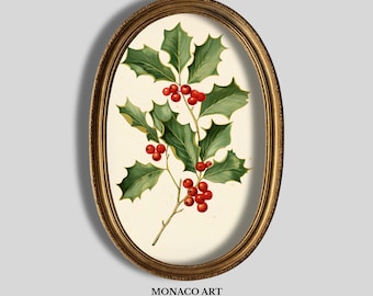 May include: An oval-shaped wall art piece featuring a botanical illustration of a holly branch with dark green spiky leaves and bright red berries, encased in a textured antique gold frame. The text MONACO ART PRINTS appears below the frame.