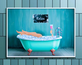 Luxury Bath Art Print: Woman with Wine, Spa Wall Decor (Digital Download)