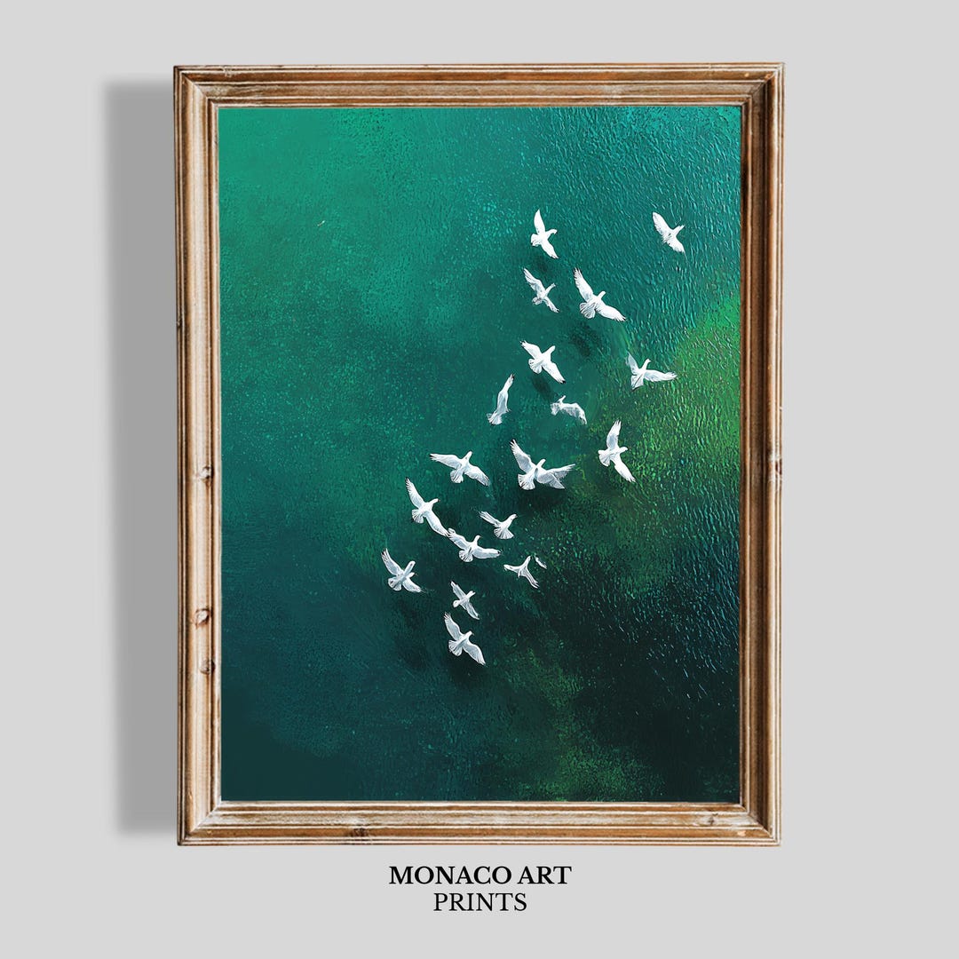 Coastal Ocean Birds Wall Art, White Seagulls Over Teal Sea Print ...