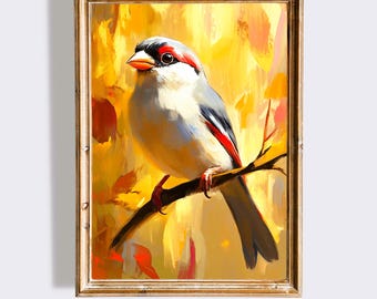 Impresión de arte mural de pájaros coloridos, pintura moderna de pájaros cantores (descarga digital)