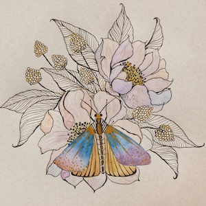 Butterfly and flowers. Watercolor painting 15x15cm