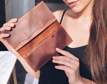 Cartera de cuero personalizada, cartera hecha a mano para mujer, cartera de mujer con monedero, regalo de Navidad para mujer, cartera de cuero unisex