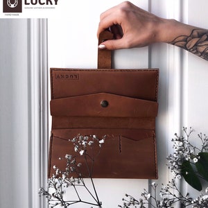 Cartera personalizada para mujer, cartera fina de cuero como regalo de Navidad para mujer, cartera fina larga con grabado láser, regalo de cuero para esposa