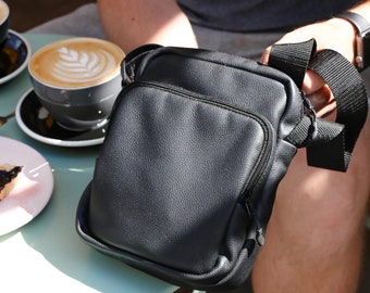 Men’s Leather Crossbody Bag, Small Black Shoulder Sling, Everyday Travel Pouch, Minimalist Chest Bag for Keys & Phone