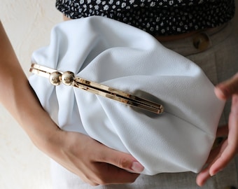 Leather Pouch Bag White, Handmade Frame Make Up Pouch Bag, White Leather Clutch Pouch, Women Frame Clutch, Custom Makeup Cosmetic Bag