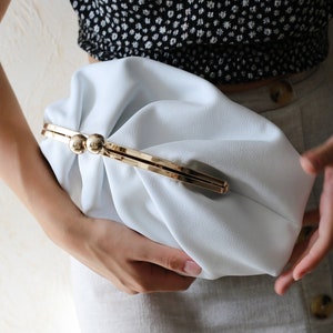 Leather Pouch Bag White,Handmade Frame Pouch Bag,White Leather Clutch Pouch,Women Frame Clutch,Cloud Clutch Bag,Christmas Gift Woman Bag