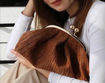 Leather Cloud Clutch Bag Woman, Braided Leather Pouch Bag, Pouch Bag With Metal Frame Closure, Womens Clutch Bag, Cloud Bag, Women Gift Idea