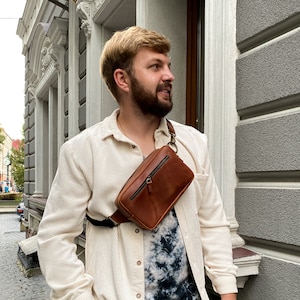 Brown Leather Sling Bag for Men, Crossbody Chest Pack, Minimalist Shoulder Fanny, Compact Travel Belt Bag, Gift for Him