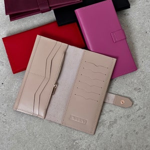Cartera de cuero delgada para mujer, cartera personalizada con monedero, cartera personalizada con grabado, cartera plegable como regalo de cuero para esposa
