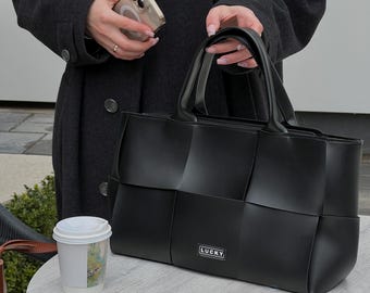 Woven Vegan Leather Tote Bag with Zipper, Structured Handbag for Women