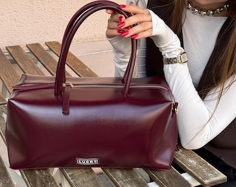 Burgundy Vegan Duffle Bag – Structured Eco Leather Handbag, Shoulder & Crossbody Purse