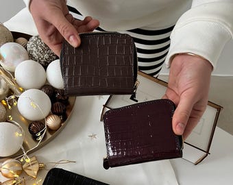 Unique Women's Wallet, Handmade Purse with Crocodile Effect Leather, Mini Wallet as a Wife Gift, Handmade Wallet with Coin Pocket and Zipper
