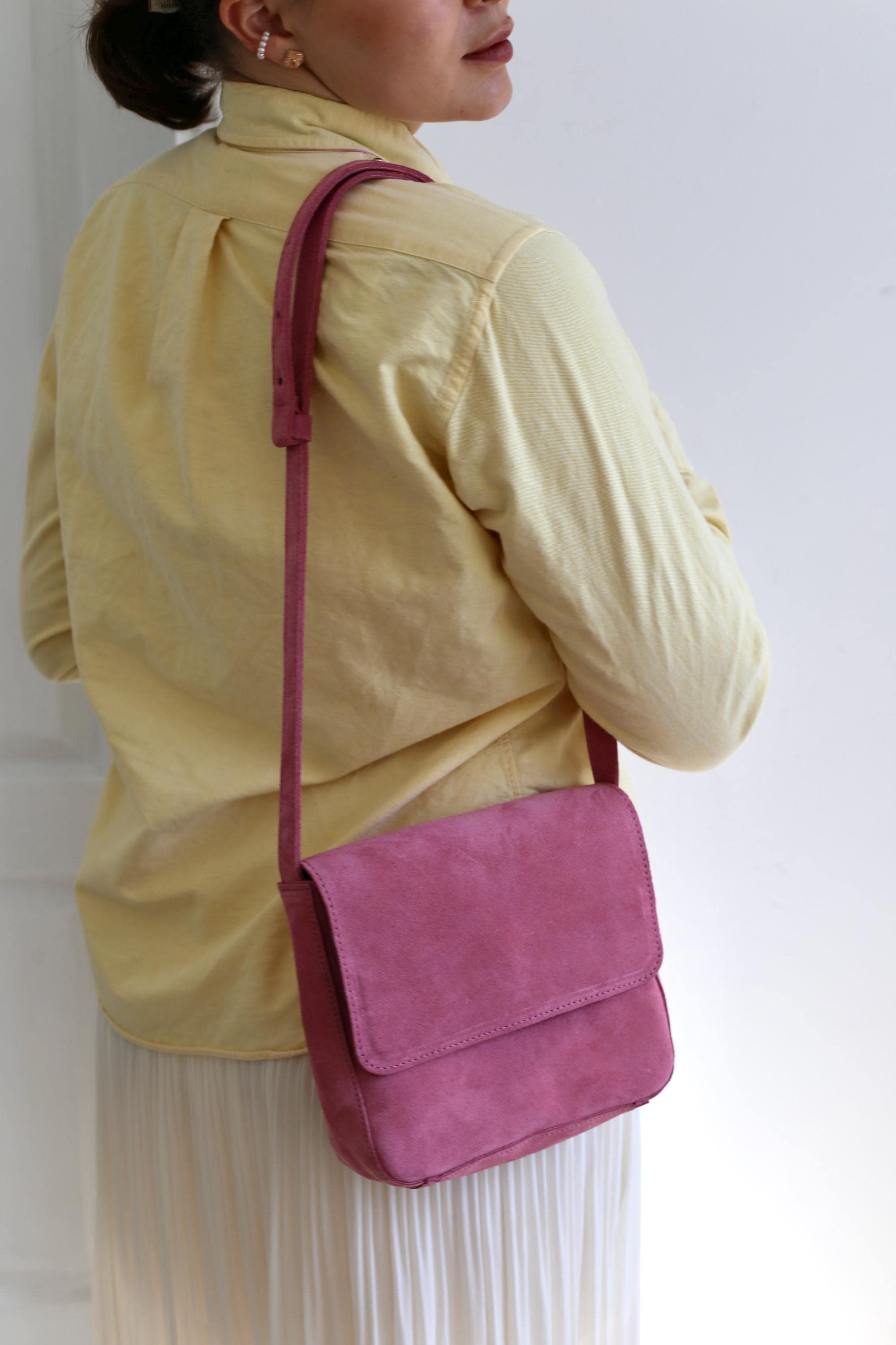 Pink Suede Crossbody, Womens Split Suede Shoulder Purse, Suede