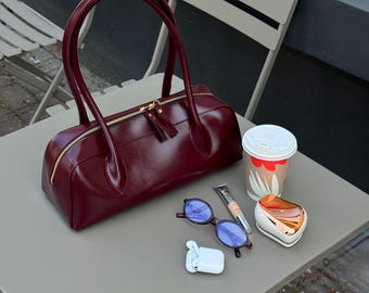 Small Structured Burgundy Vegan Baguette Bag