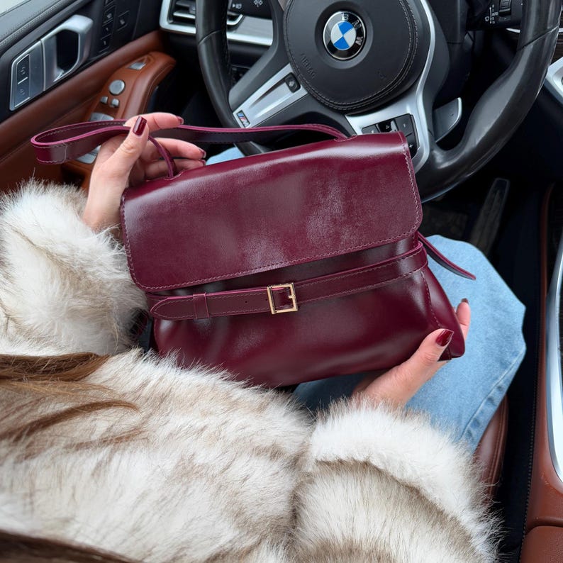 Women's Shoulder Bag,Burgundy Leather Shoulder Bag,Handmade Faux Leather Bag,Bag For Her,Mother's Day Gift Idea,Shoulder Strap Bag For Woman image 17