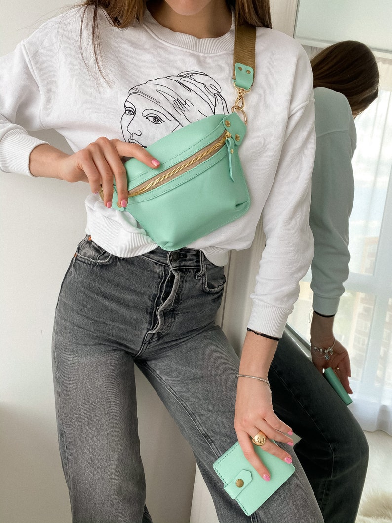 Bag Women,Hip Bag Women,Leather Hip Bag,Mint Leather Fanny Pack,Personalized Cross Body Bag Leather,Womens Gift,Christmas Gift For Her