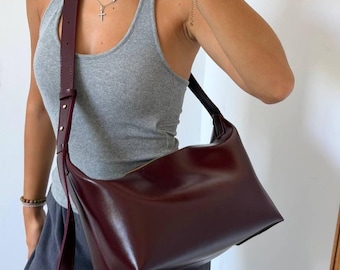 Burgundy Crossbody Bag for Women | Vegan Leather Slouchy Hobo Purse | Adjustable Strap | Christmas Gift for Her