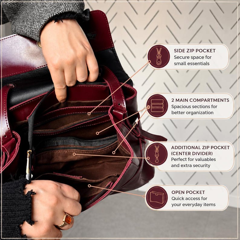 May include: A deep burgundy handbag with a dark brown interior featuring multiple organizational sections including a side zip pocket, two main compartments, a center divider zip pocket, and an open pocket for storage of various items.