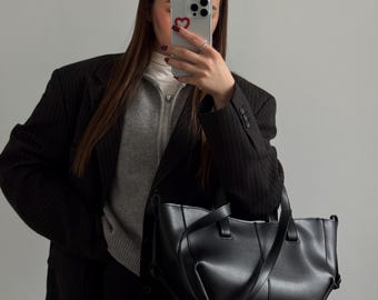 Black Vegan Leather Tote Bag, Everyday Shoulder Handbag with Zipper, Large Eco Leather Purse for Women, Minimalist Work Tote