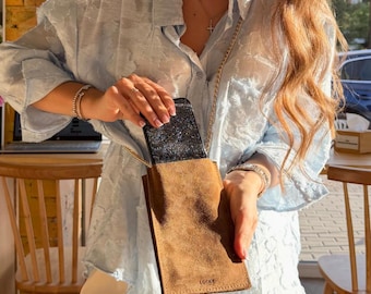 Genuine Leather Crossbody Phone Bag for Women | Brown Cell Phone Purse | Small Smartphone Bag