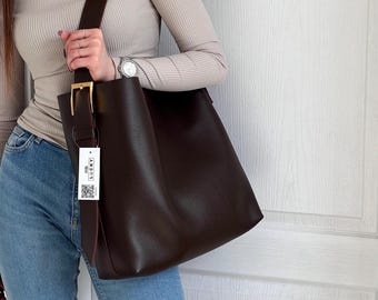 Brown Leather Bucket Bag for Women | Slouchy Shoulder Tote | Spacious Laptop Bag | Christmas Gift for Her