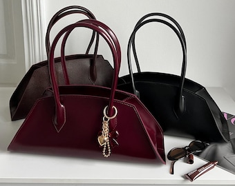 Vegan Leather Baguette Bag - Structured Small Shoulder Tote, Minimalist Eco Handbag
