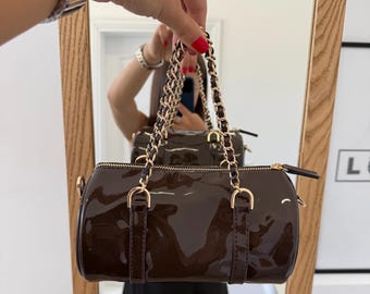 Chocolate Brown Barrel Bag for Women | Vegan Leather Top Handle Purse | Adjustable Crossbody Strap | Christmas Gift for Her