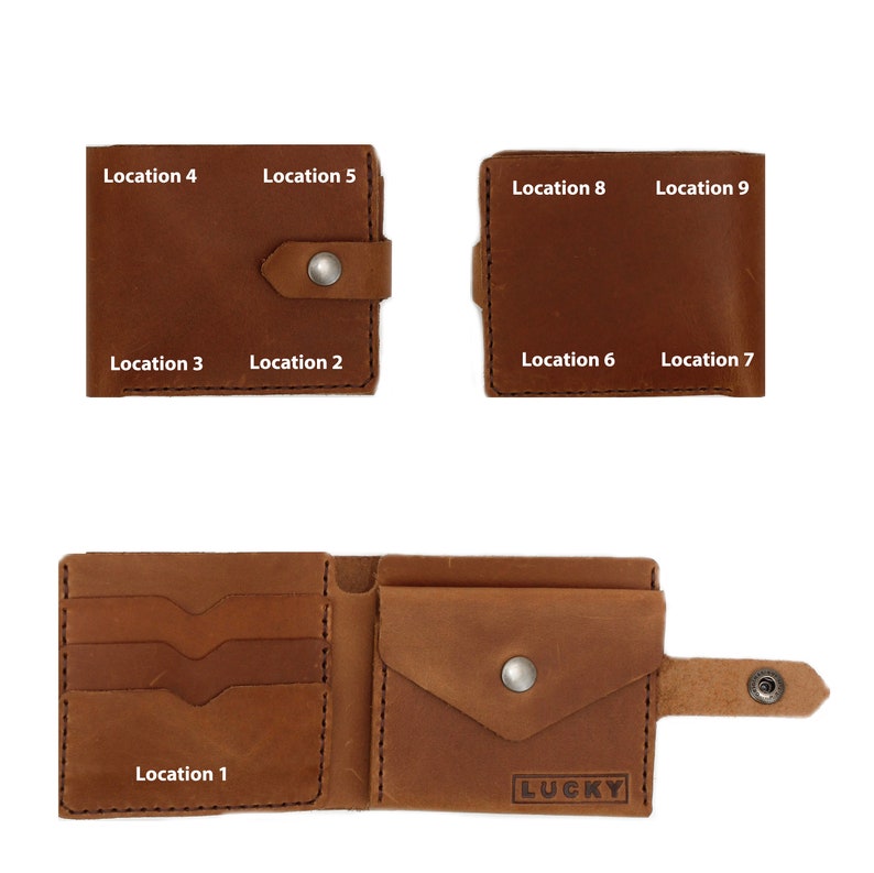 May include: A brown leather wallet with multiple card slots, a billfold, and a zippered pocket. The wallet has a flap with a snap closure and a small pocket on the outside. The wallet is open to show the interior and has the word "LUCKY" embossed on the front.