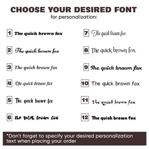 May include: A white sheet of paper with 12 different font styles of the phrase "The quick brown fox" numbered 1 through 12. The text at the top of the page reads "CHOOSE YOUR DESIRED FONT for personalization".