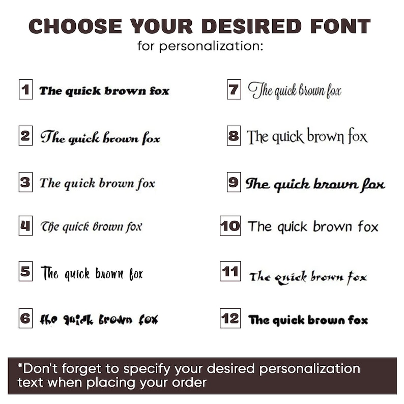 May include: A white sheet of paper with 12 different font styles of the phrase "The quick brown fox" numbered 1 through 12. The text at the top of the page reads "CHOOSE YOUR DESIRED FONT for personalization".