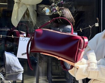 Burgundy Duffle Bag Vegan Leather Shoulder Tote, Spacious Crossbody Handbag for Women