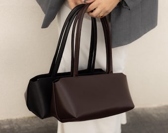 Leather Shoulder Tote Bag with Zipper, Black Leather Crossbody Bag Women, Woman Handbag, Everyday Purse