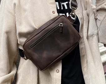 Brown Leather Sling Bag, Crossbody Chest Fanny Pack, Minimalist Shoulder Belt Bag, Compact Travel Satchel