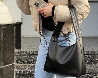 Black Vegan Leather Shoulder Bag - Modern Hobo Tote for Women
