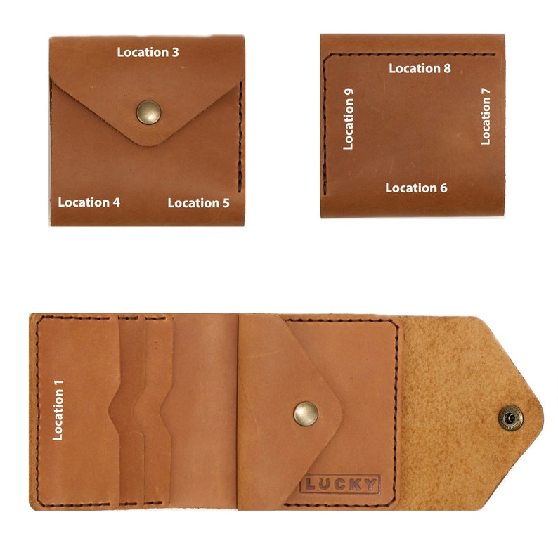 May include: A brown leather wallet with multiple card slots, a billfold, and a flap pocket. The wallet has the word "LUCKY" embossed on the front.