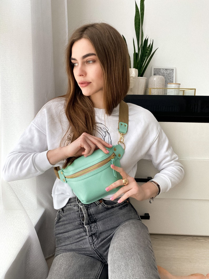 Bag Women,Hip Bag Women,Leather Hip Bag,Mint Leather Fanny Pack,Personalized Cross Body Bag Leather,Womens Gift,Christmas Gift For Her