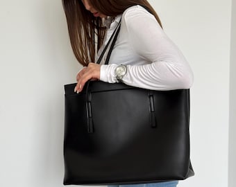 Large Vegan Leather Tote, Womens Black Shoulder Handbag, Spacious Work and Office Bag