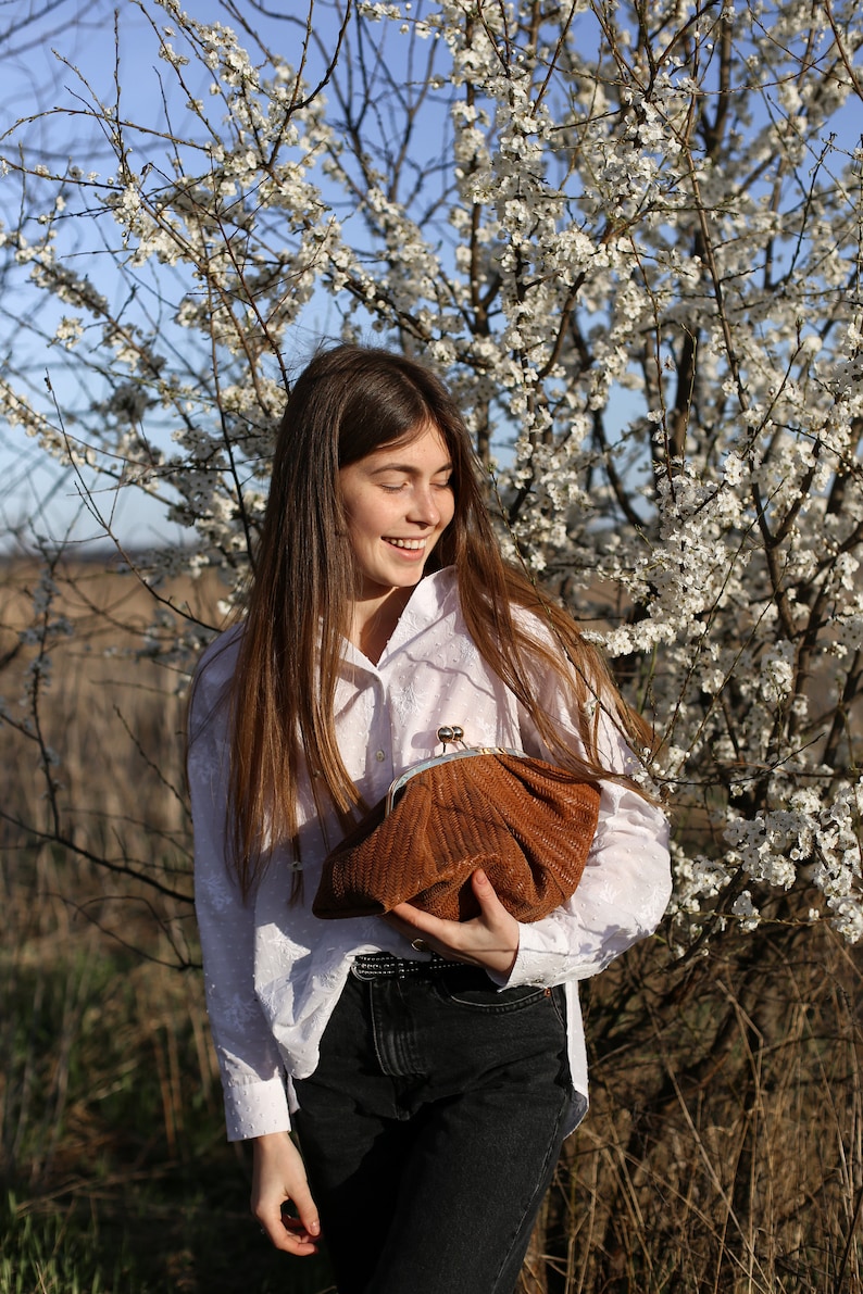 Leather Cloud Clutch Bag Woman,Braided Leather Pouch Bag,Pouch Bag With Metal Frame Closure,Womens Clutch Bag,Cloud Bag,Women's Gift Idea image 7