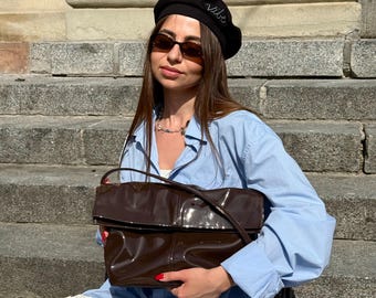 Brown Patent Leather Bag – Glossy Vegan Shoulder Purse