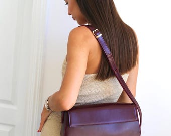 Burgundy Vegan Leather Shoulder Bag - Wine Red Baguette Purse for Women