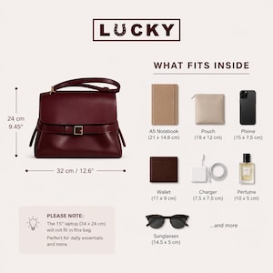 May include: A burgundy handbag measuring 12.6 inches by 9.45 inches. The image displays the text LUCKY and WHAT FITS INSIDE, showing an A5 notebook, pouch, phone, wallet, charger, perfume, and sunglasses with their respective dimensions in inches.
