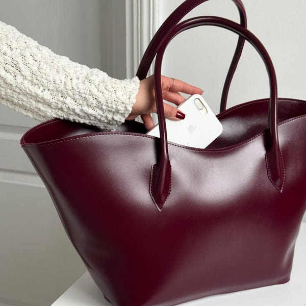 Bolso tote burdeos, espacioso bolso de trabajo, bolso bandolera grande de piel ecológica, bolso de viaje para portátil